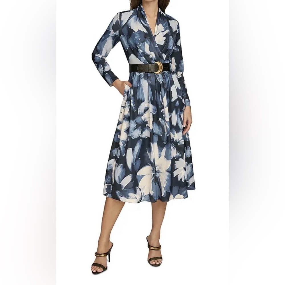New Donna Karan Belted Floral Midi Dress 6 Pockets V-neck Blue Black White NWT